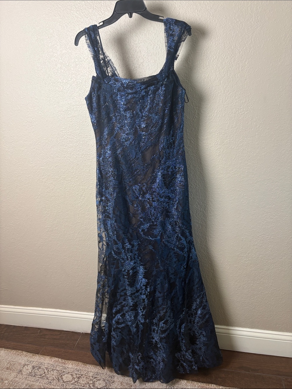 Rene Ruiz for Neiman Marcus Blue Metallic Lace Evening Gown Size 10